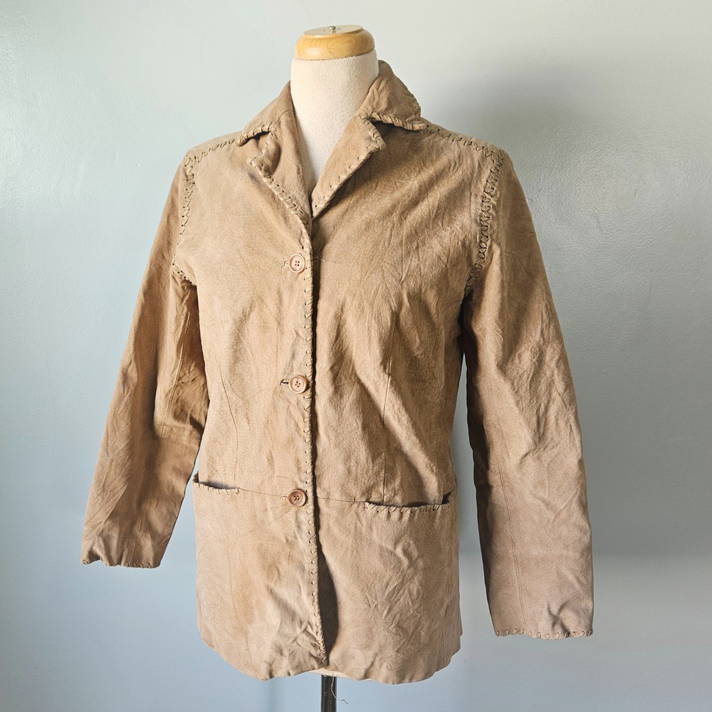 Vtg 90s Y2K Bagatelle Tan Whipstitch Suede Blazer Jacket Boho Western Small